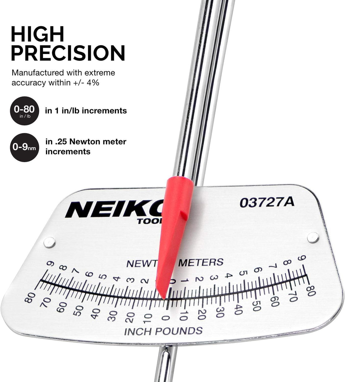 Side profile of NEIKO 03727A beam torque wrench showing long reach for tight spots.