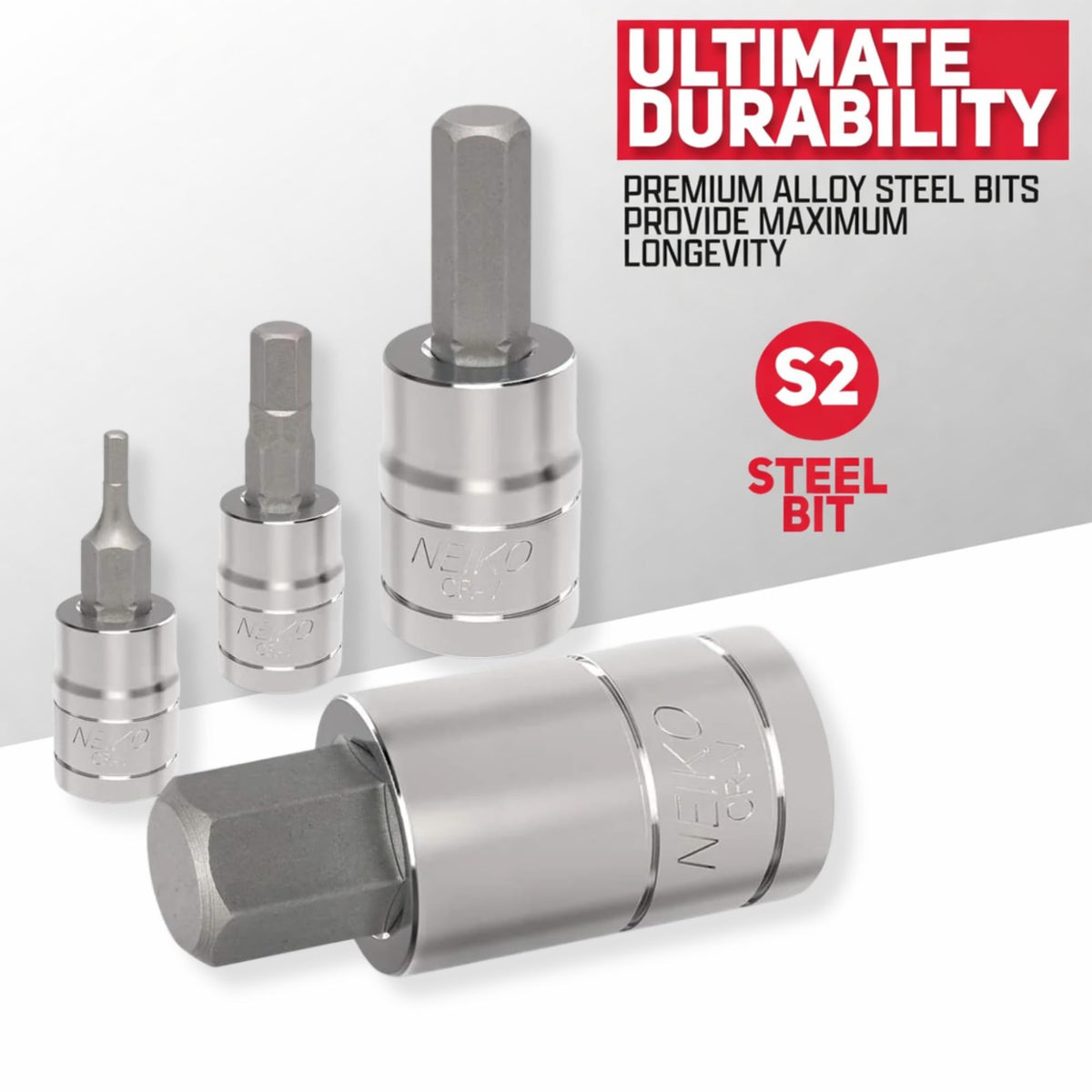 NEIKO S2 hex bits delivering strong, precise engagement for fasteners.