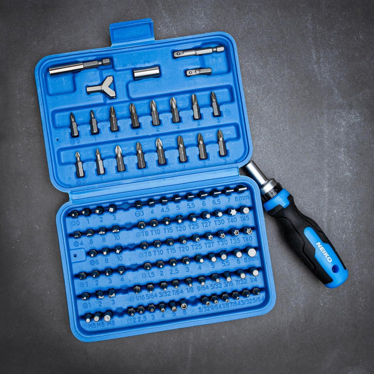 NEIKO 10082A tamper-proof bits set includes diverse tamper-proof types for secure fasteners.