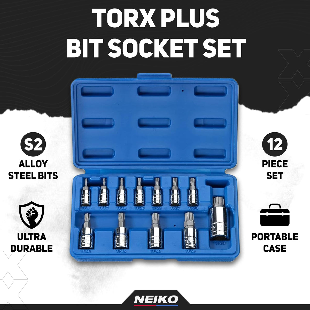 NEIKO 10086A Torx Plus TP8-TP30 1/4-drive row facilitates secure grip.