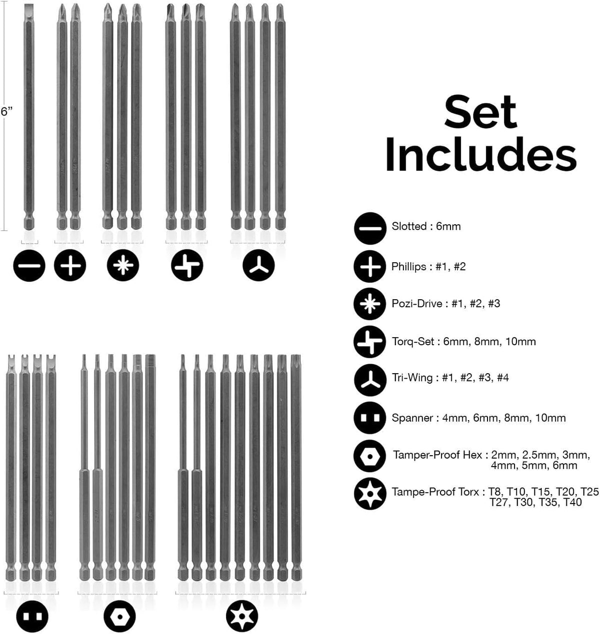 NEIKO 10224A slotted, Phillips, and spanner bits displayed