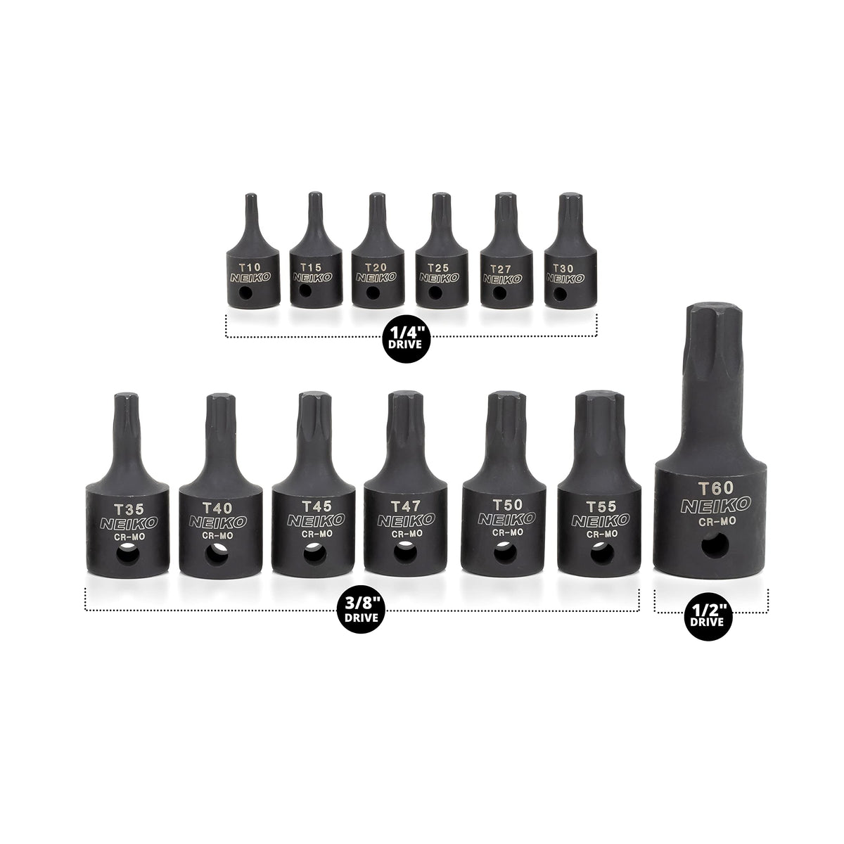 NEIKO 10281B 3/8-drive Torx sockets covering T35-T50 for motorcycles and equipment.