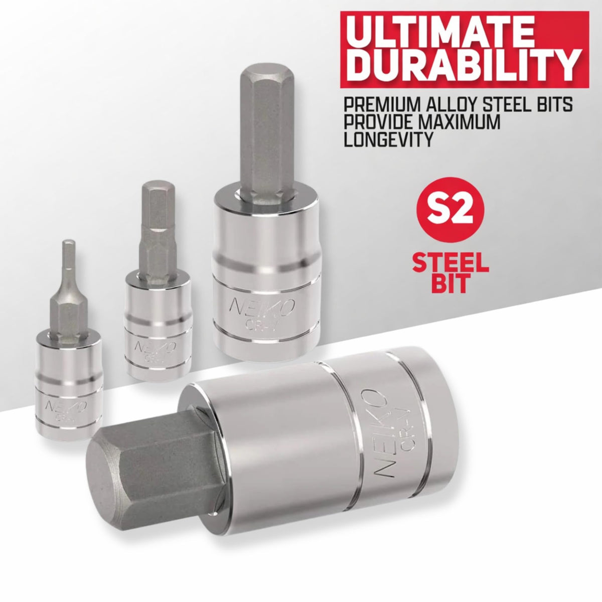 NEIKO 10288A S2 steel construction provides hard-wearing hex bits for repeated use.