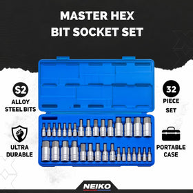 NEIKO 10288A SAE and metric bits laid out for fast sizing and compatibility.