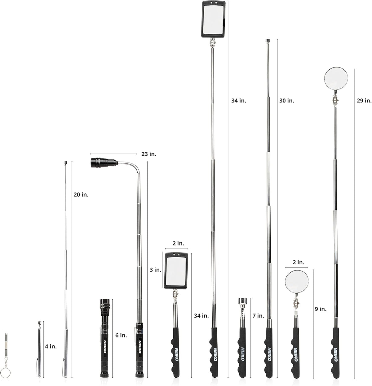 NEIKO 20736A LED flashlight included helps locate dropped parts in dim areas.