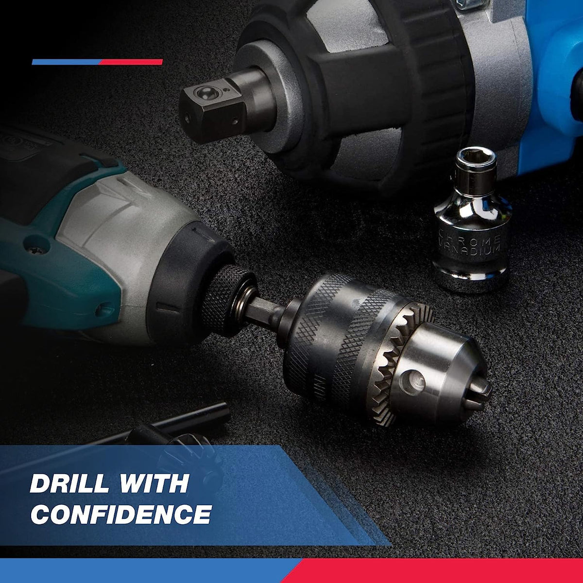 NEIKO 20754A in-use drilling setup on wood shows practical application