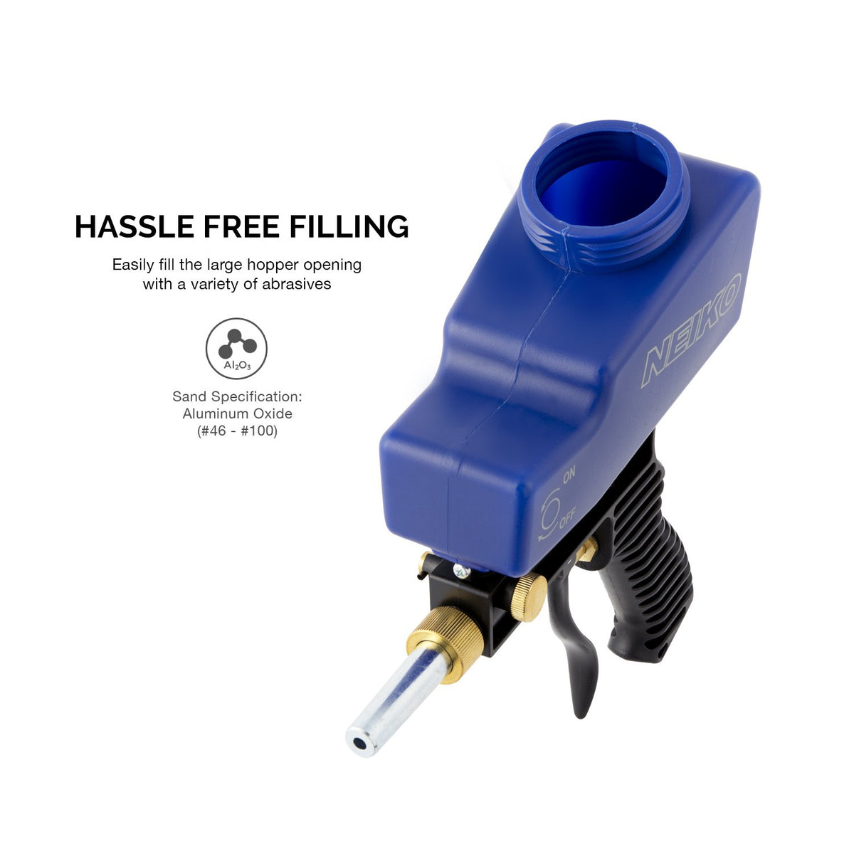 NEIKO 30068A media hopper compatibility enables versatile blasting with different media.