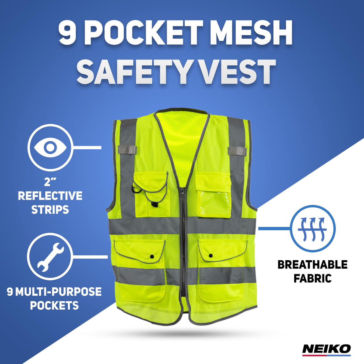 NEIKO 54054A high-vis vest back view highlights reflective panels for all-around visibility.