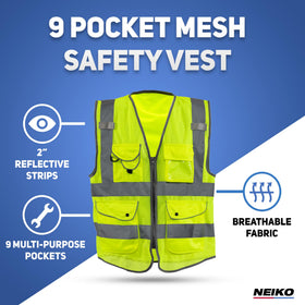 NEIKO 54054A high-vis vest back view highlights reflective panels for all-around visibility.
