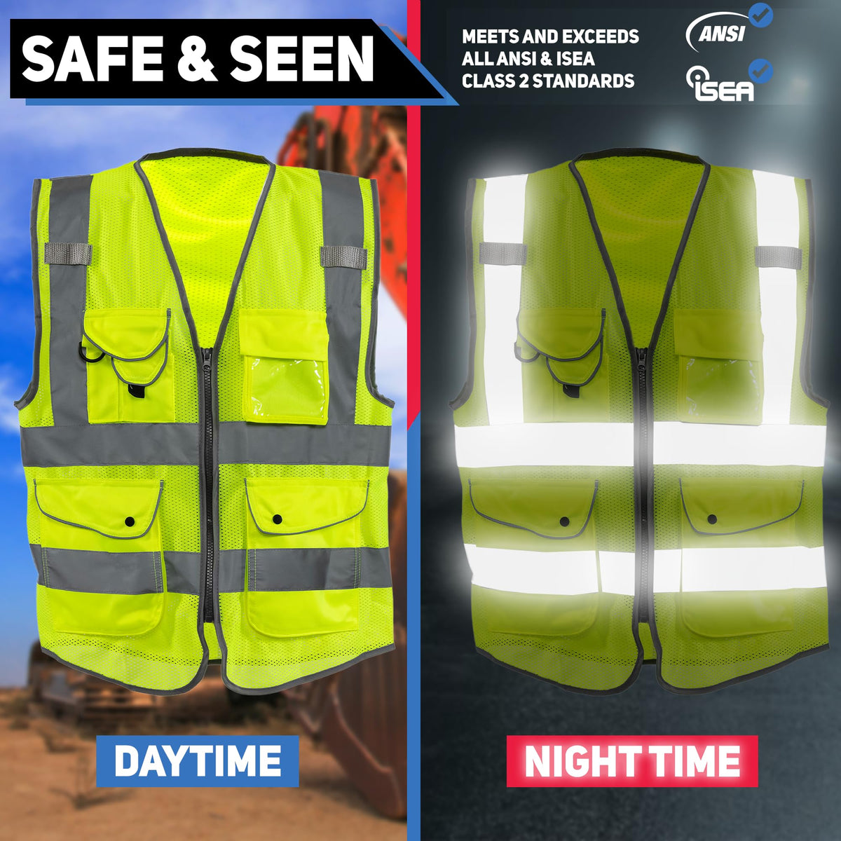 NEIKO 54054A safety vest front pockets for organizing tools and notes.