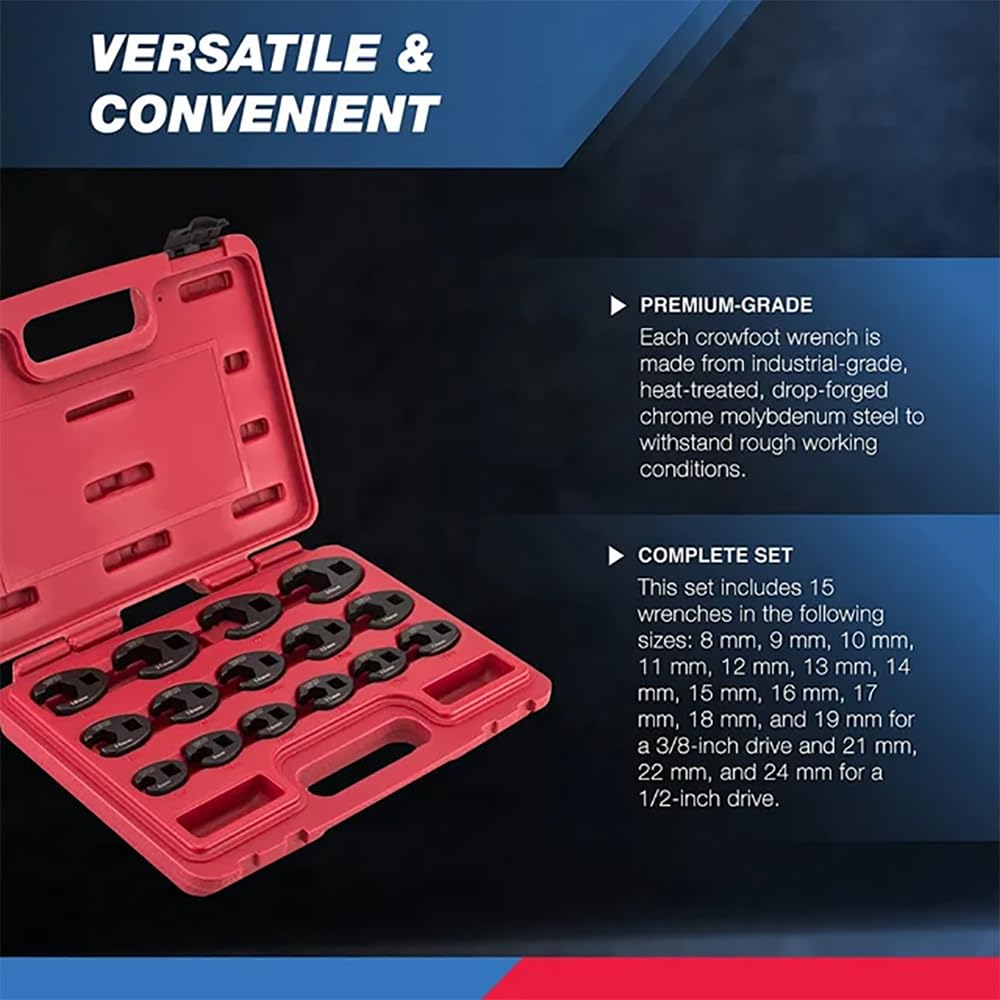 NEIKO crowfoot wrenches cover 21-24 mm range on 1/2-inch drive for larger fasteners.