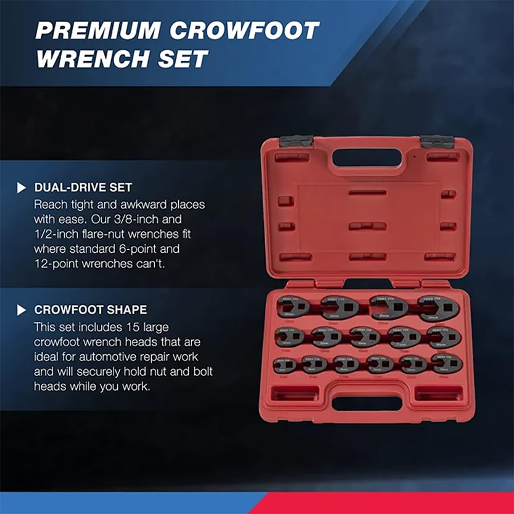 NEIKO crowfoot wrenches cover 8-19 mm range on 3/8-inch drive for tight spaces.