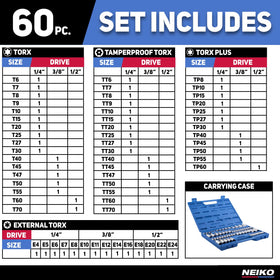 NEIKO external Torx sockets E4 to E24 extend reach.