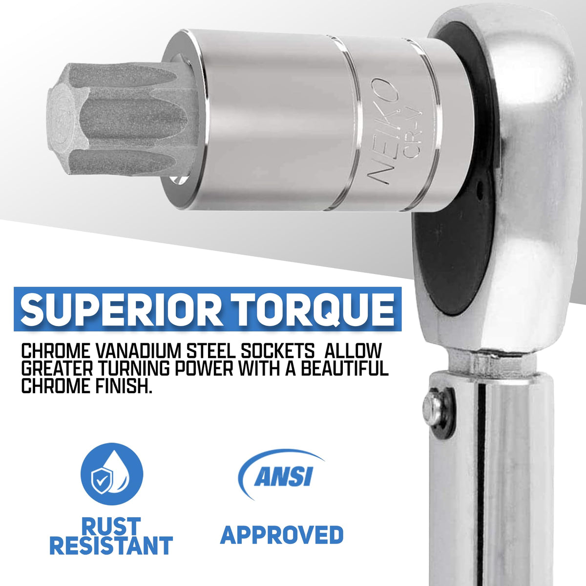 NEIKO S2 steel Torx bits with chamfered tips ensure smooth insertion.