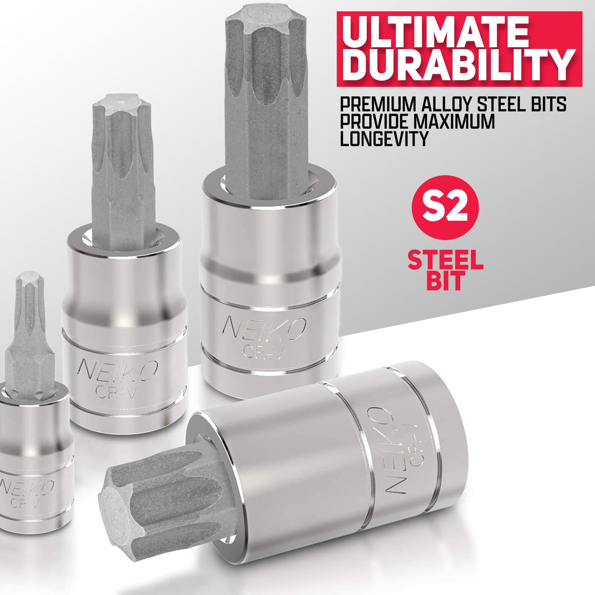 NEIKO Torx Plus bit sockets TP8 to TP60 for versatile driving.