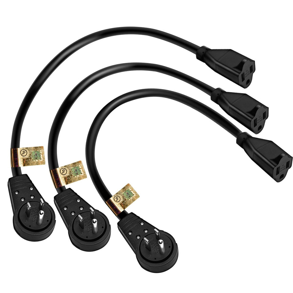 Nekteck 360° rotating flat plug extension cord in action behind furniture for flexible outlet access