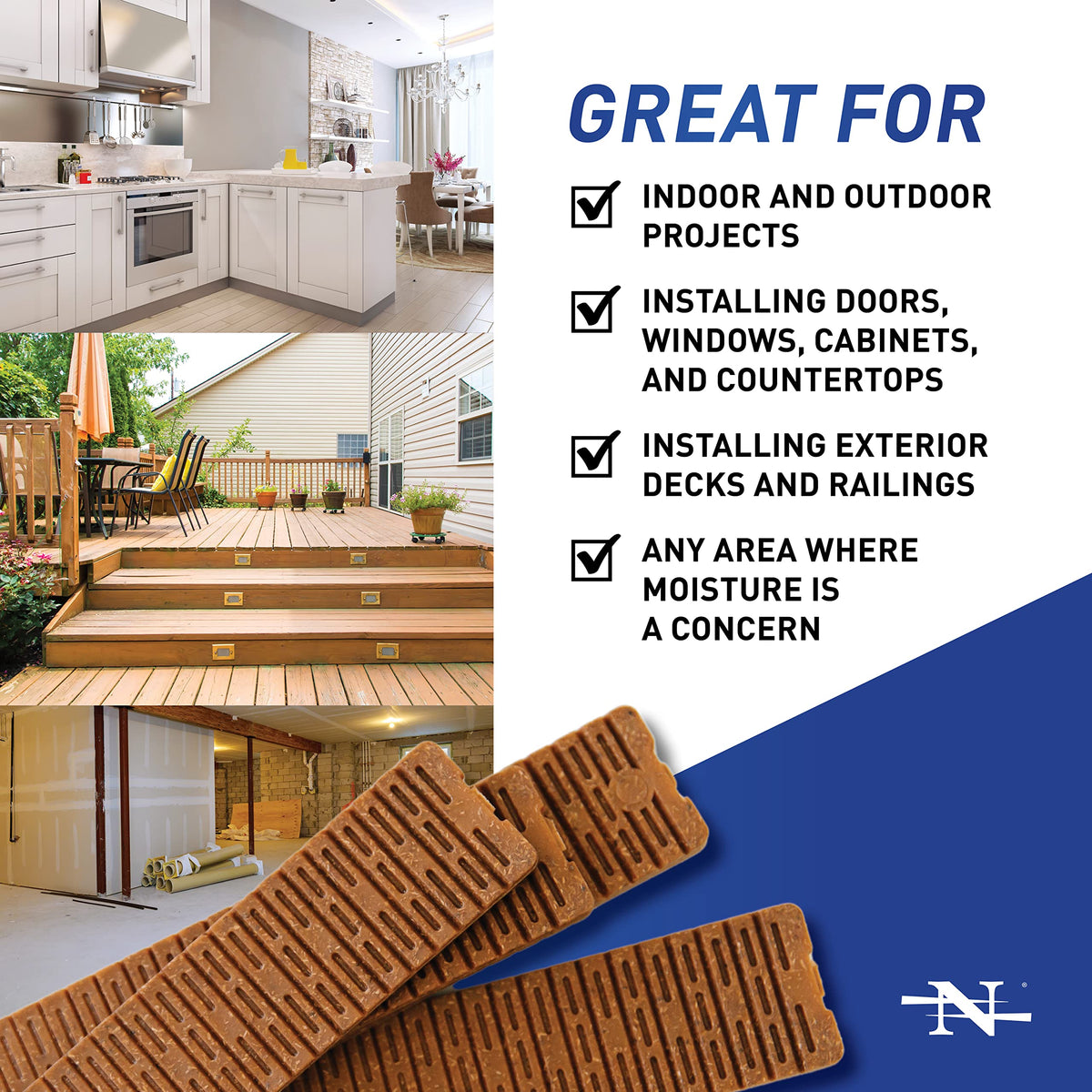 Nelson Wood Shims waterproof solution for moisture-prone bathrooms and basements