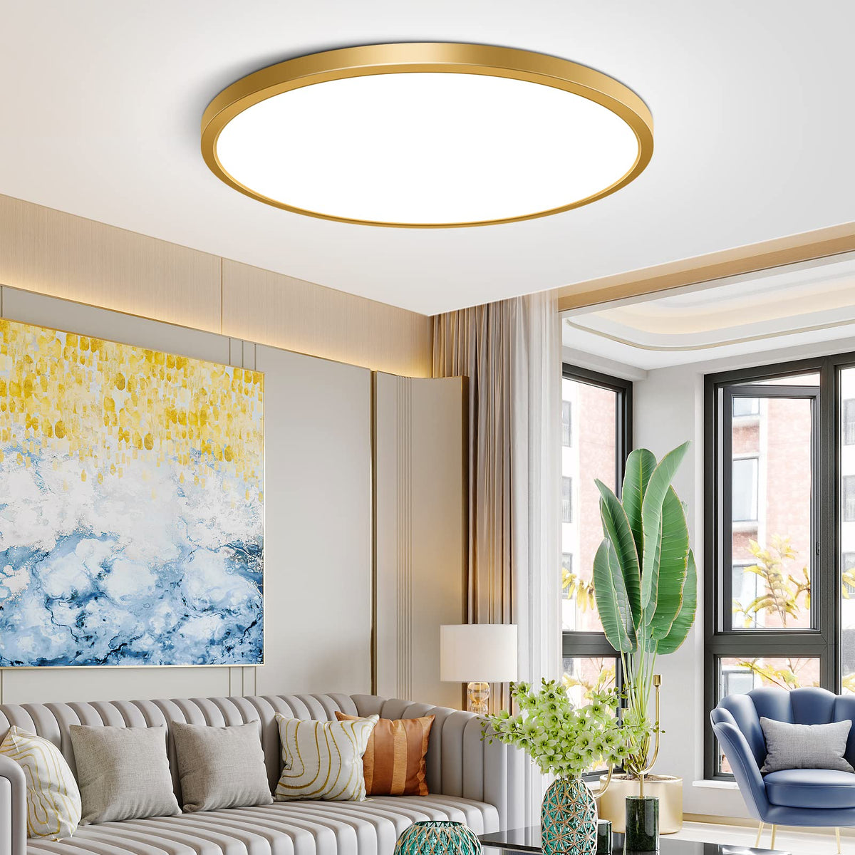 NELTBESIN 12-inch flush-mount light close-up reveals the gold finish and ultra-thin profile.