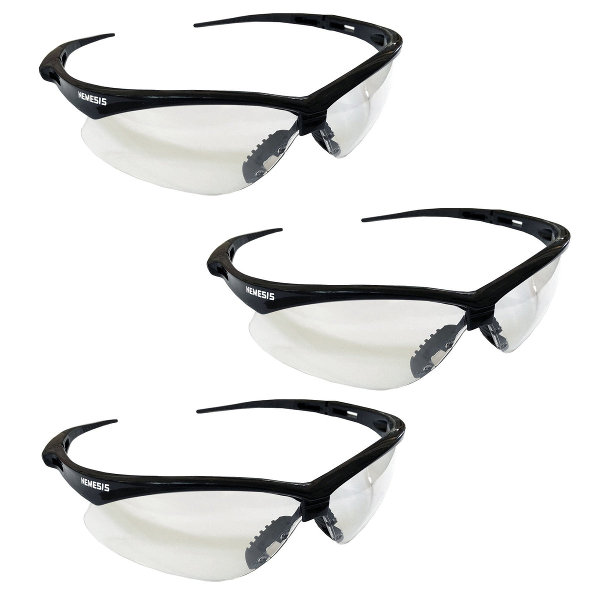 NEMESIS safety glasses front view with black frame and clear lenses for all-day comfort