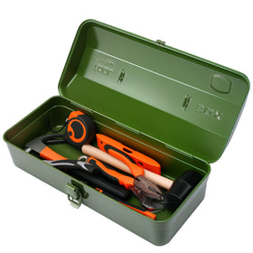 NEMTMCUA 15-inch green metal tool box with locking clasp for secure transport.