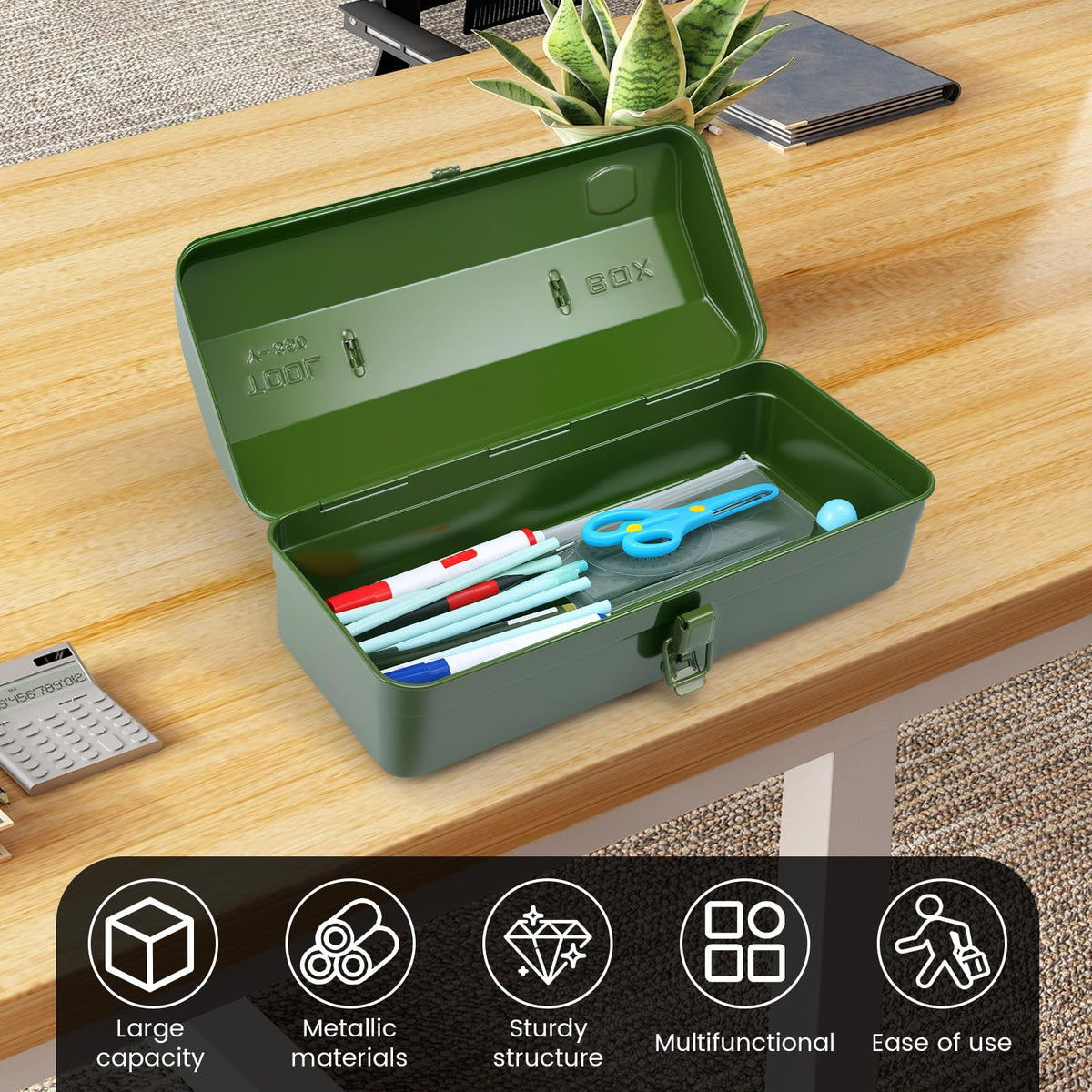 NEMTMCUA locking metal toolbox sturdy clasp keeps contents safe during transport.