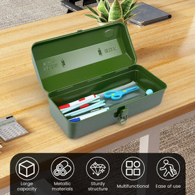 NEMTMCUA locking metal toolbox sturdy clasp keeps contents safe during transport.