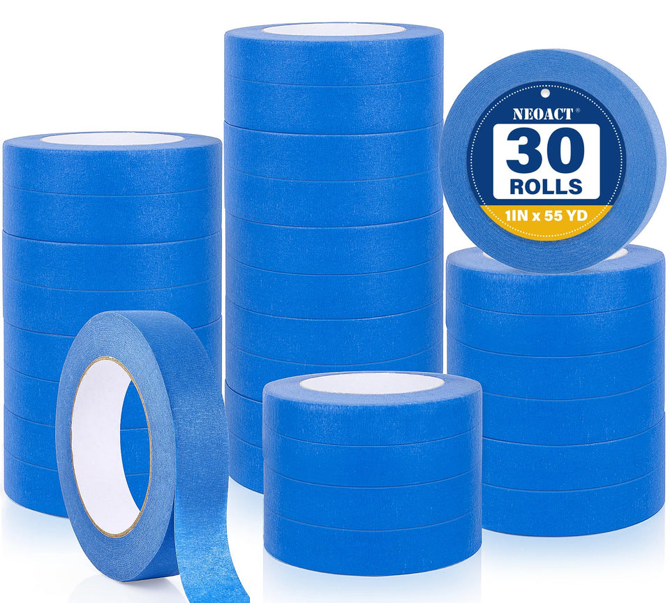 NEOACT blue painters tape showing clean edge lines on walls for precise painting projects