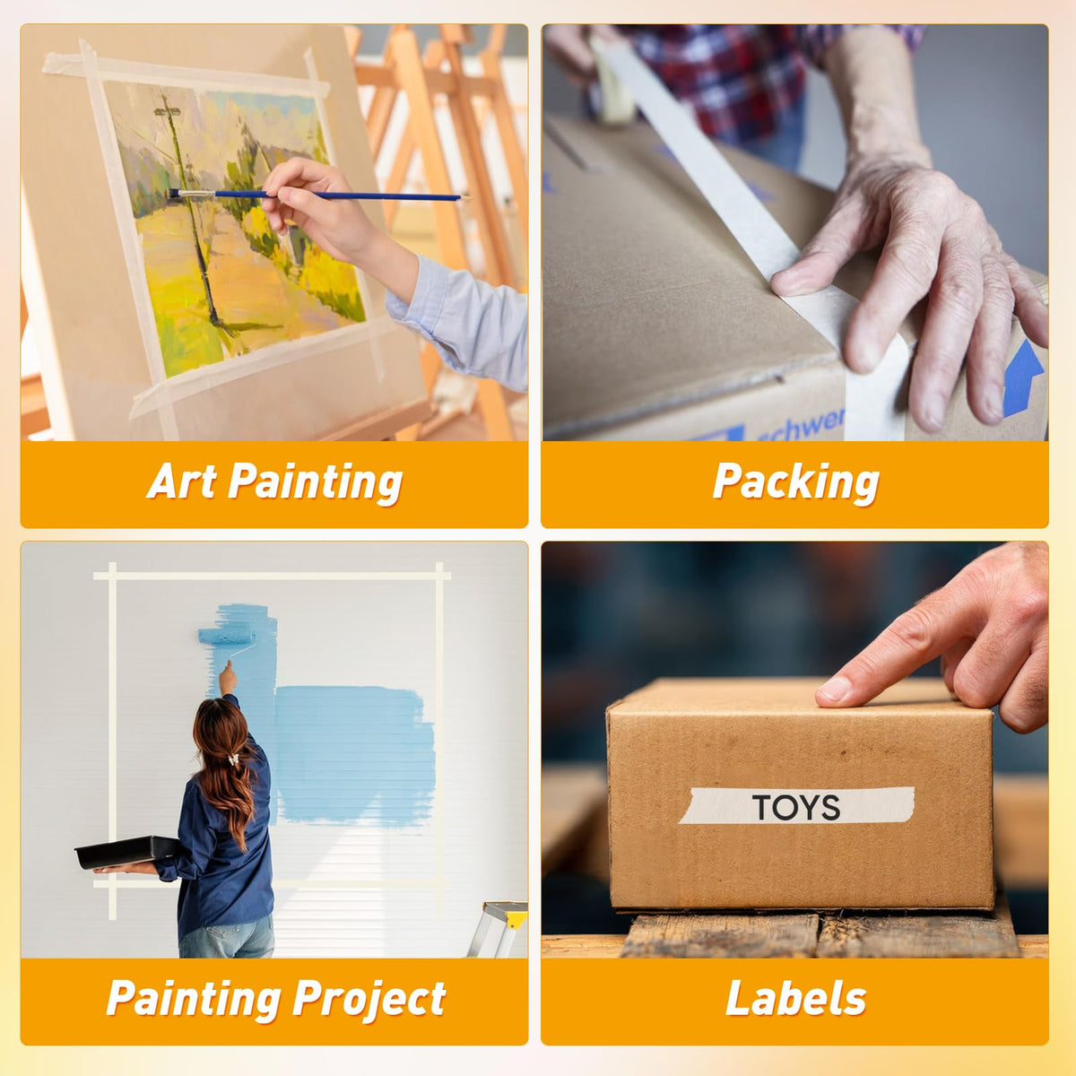 NeoAct white masking tape adheres well on clean, dry surfaces.