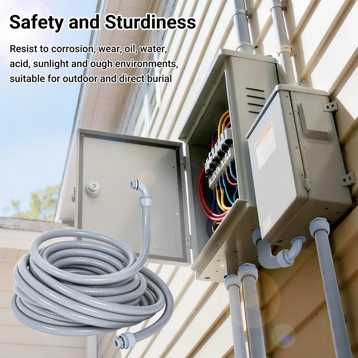 Neoaider outdoor lighting setup with non-metallic conduit protecting cables.
