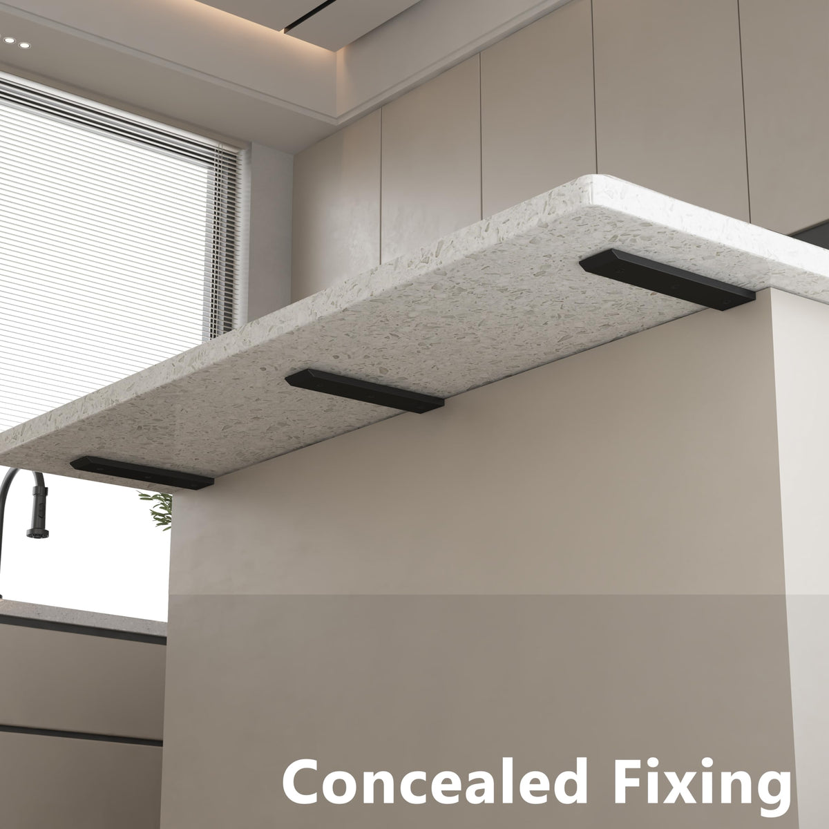 NEODROP low-profile brackets stay unobtrusive under countertops.