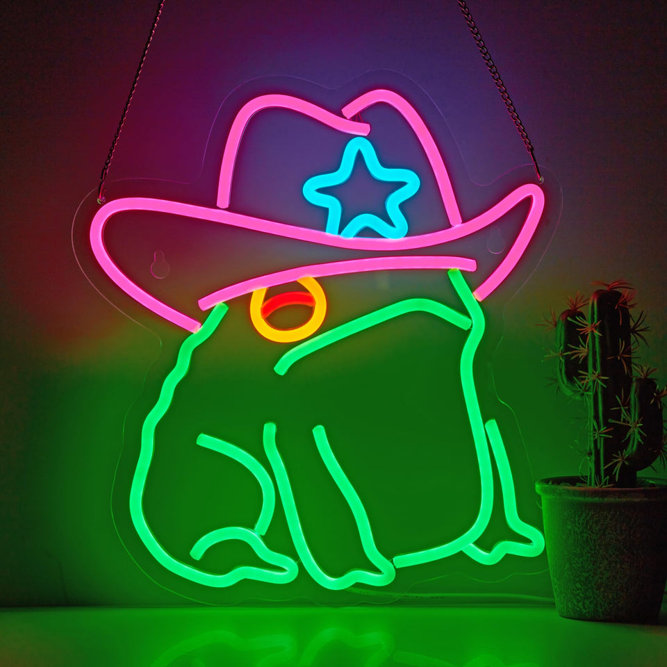 NEONLAND Cowboy Toad neon sign lighting pub ambiance with vibrant glow.