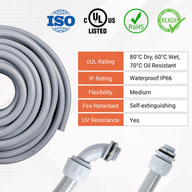 Neorexon grey flexible PVC conduit offers lightweight protection for outdoor use.