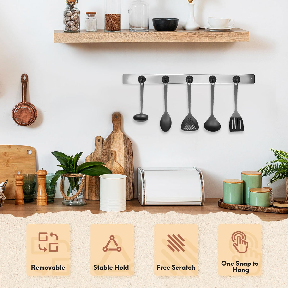 Neosmuk magnetic hook organizing kitchen tools by hanging on a metal surface.