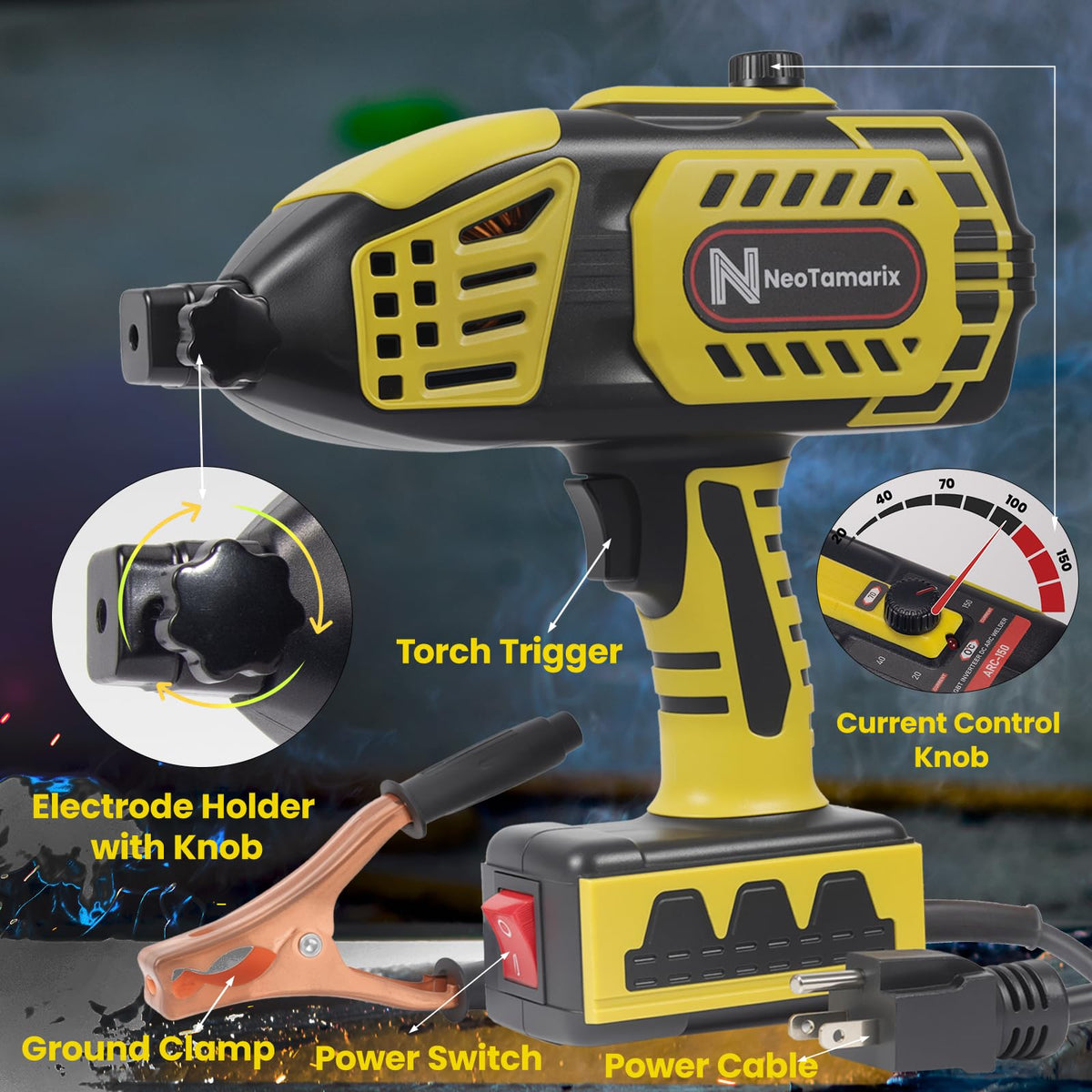 NeoTamarix on-site use demonstrates portable welding for overhead or outdoor tasks.