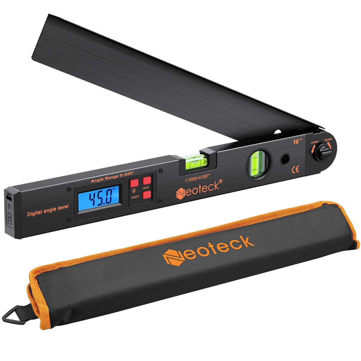 Neoteck angle finder protractor 225 front view with clear display