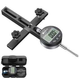 Neoteck digital dial indicator mounted in a table saw groove for precise alignment.