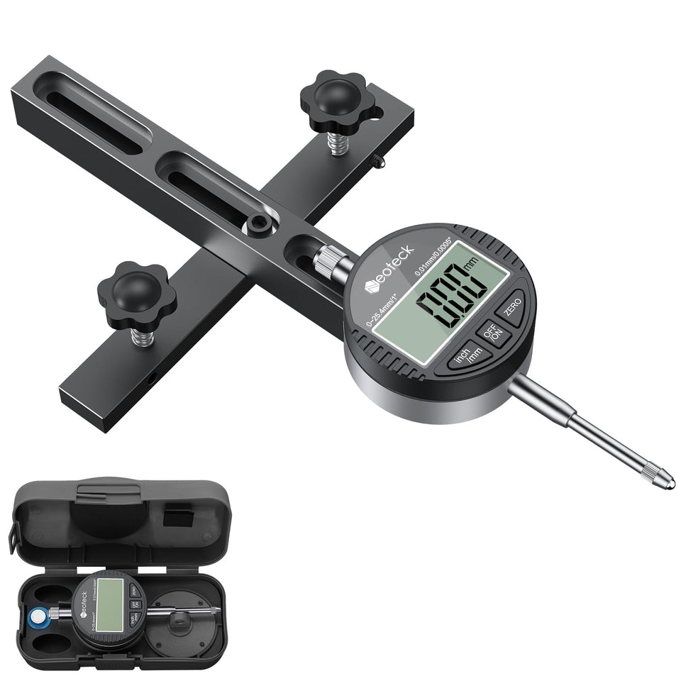 Neoteck digital dial indicator mounted in a table saw groove for precise alignment.
