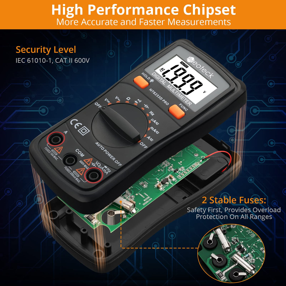 Neoteck DMM backlit display helps readouts in dim conditions.