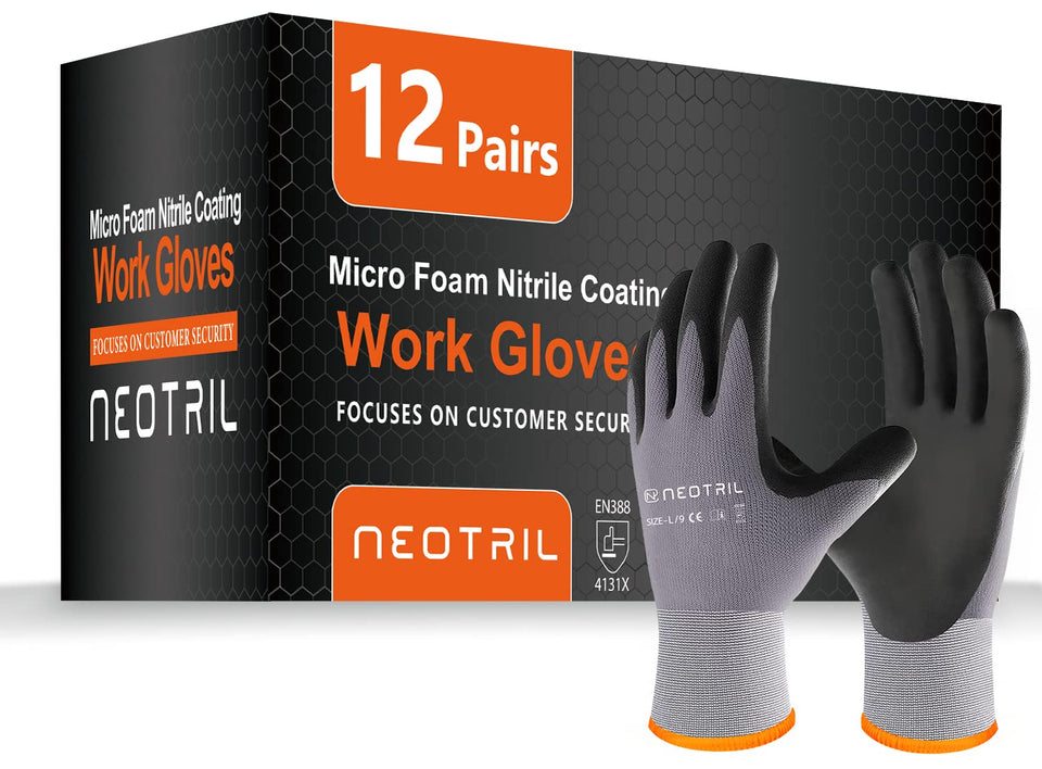 NEOTRIL safety gloves with microfoam nitrile palm grip for wet or oily tasks.
