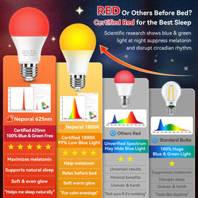 Neporal 625nm bulb by the bedside for a gentle wind-down routine