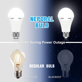 Neporal A19 emergency bulb battery backup ready for power outages.