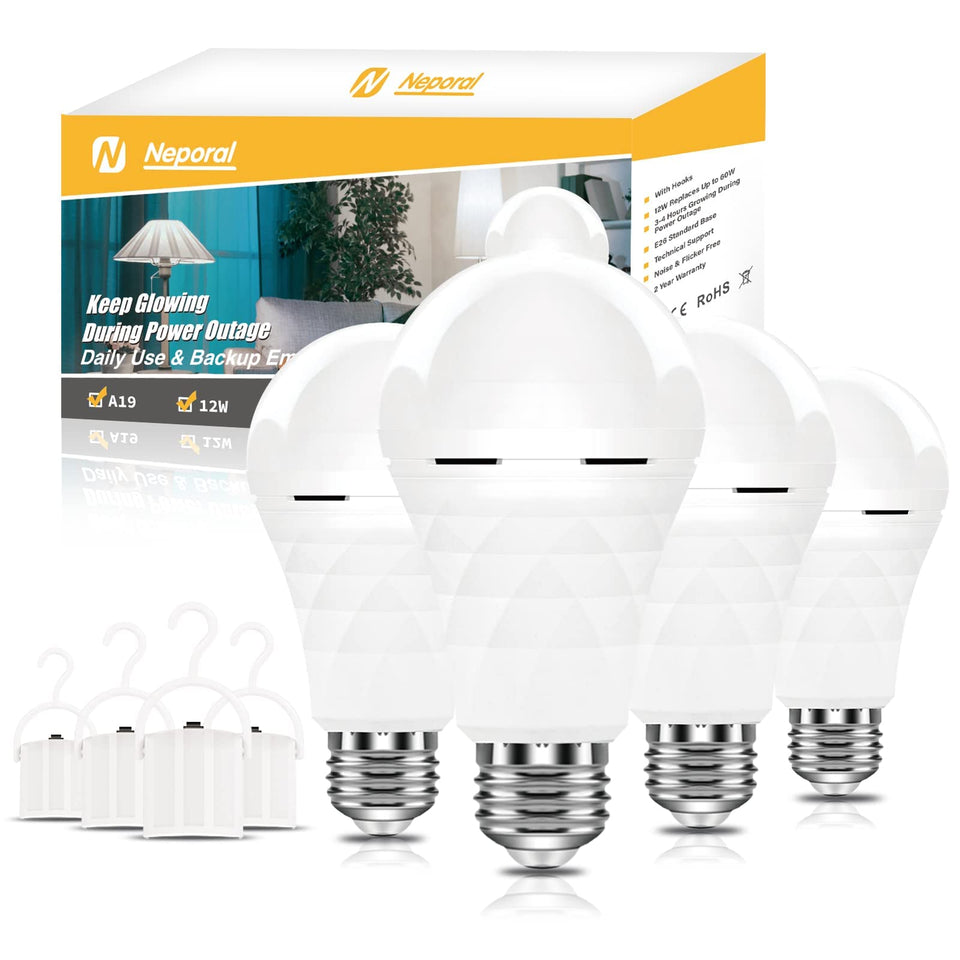 Neporal A19 emergency bulb front view with built-in 1200mAh backup.