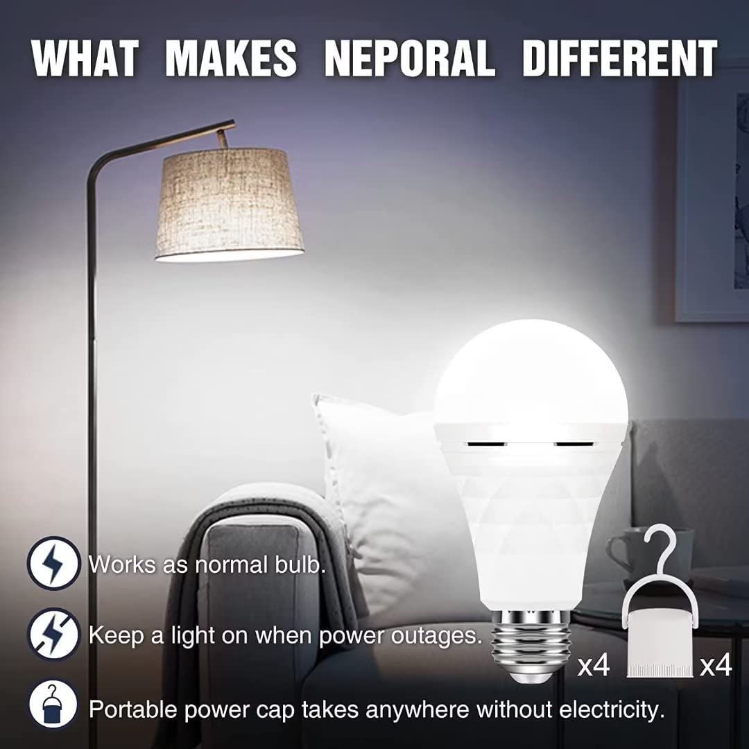 Neporal A19 emergency bulb in lamp demonstrates 60W equivalent brightness.