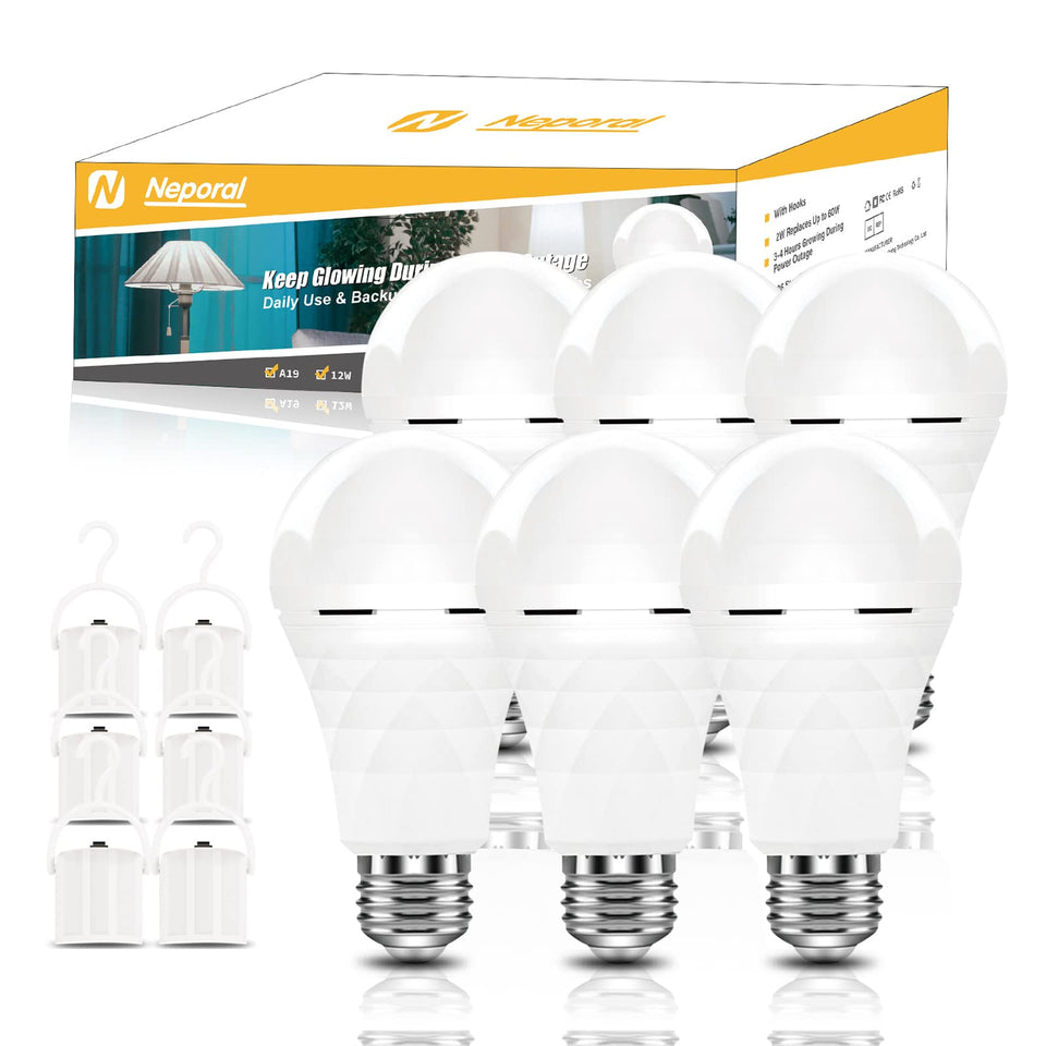 Neporal A19 rechargeable bulb in a lamp, outage-ready lighting.