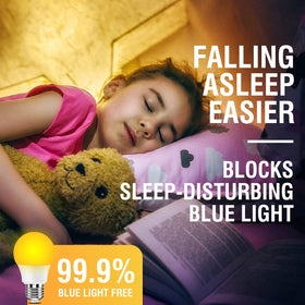 Neporal amber light bulb arranged with sleep-friendly ambiance in bedroom.