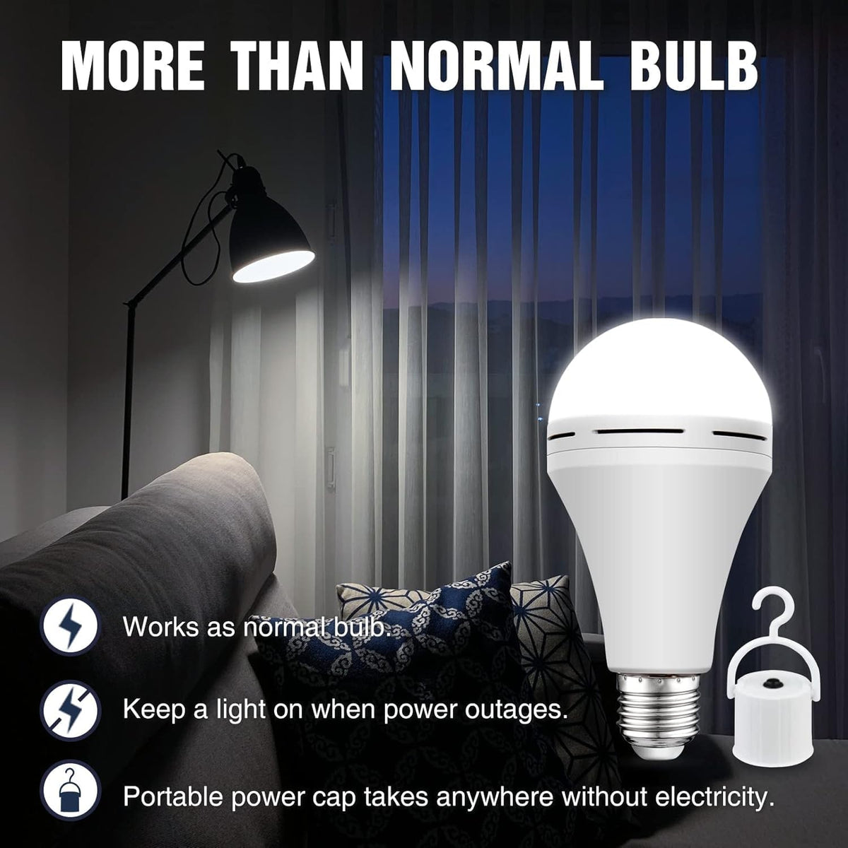 Neporal bulb backup for power outages keeps rooms lit during storms.