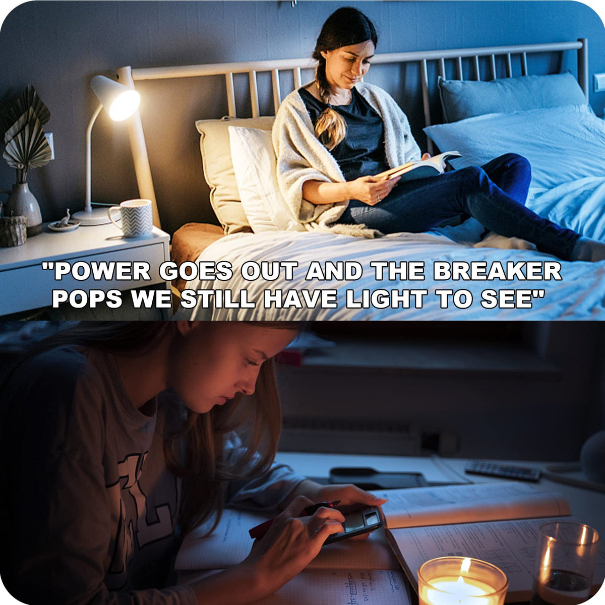 Neporal emergency bulb with battery backup powering a dark room.