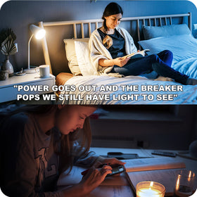 Neporal emergency bulb with battery backup powering a dark room.