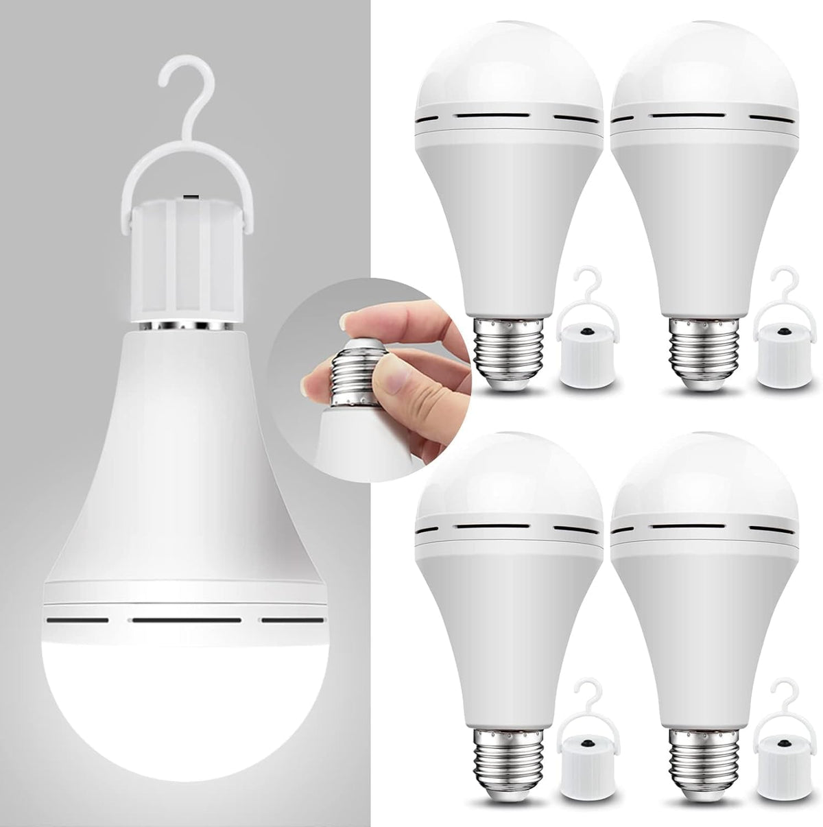 Neporal emergency-rechargeable light bulb with hook ready for outages and everyday lighting.
