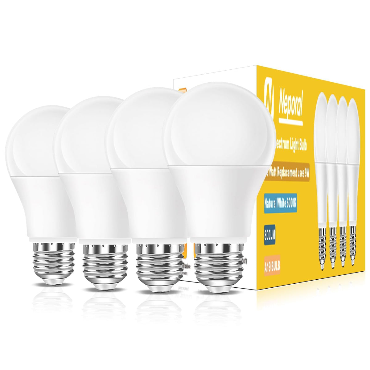 Neporal full-spectrum light bulb 4-pack in box for easy replacement
